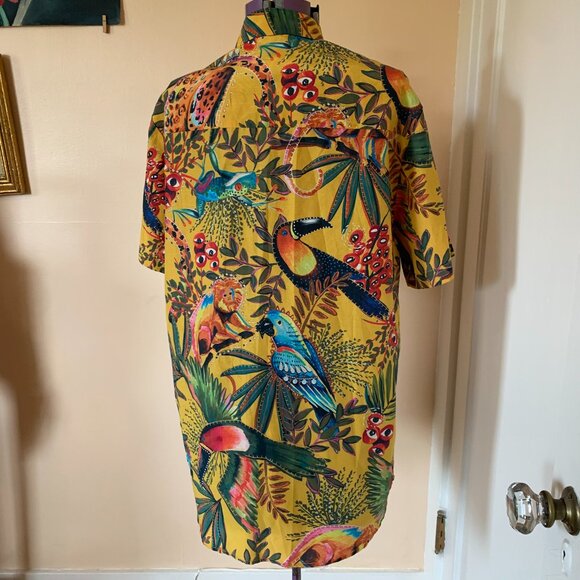 FARM Rio Button Up Short Sleeve Sz S Yellow Tropical Print Novelty Monkey Floral - Picture 4 of 7